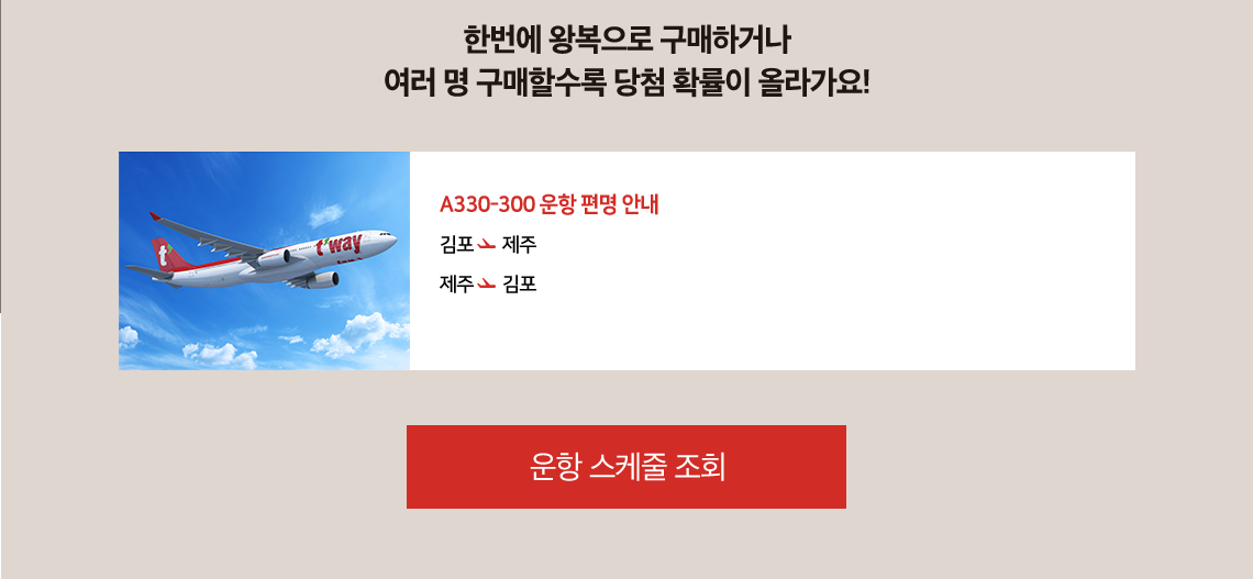 한번에 왕복으로 구매하거나 여러 명 구매할수록 당첨 확률이 올라가요!