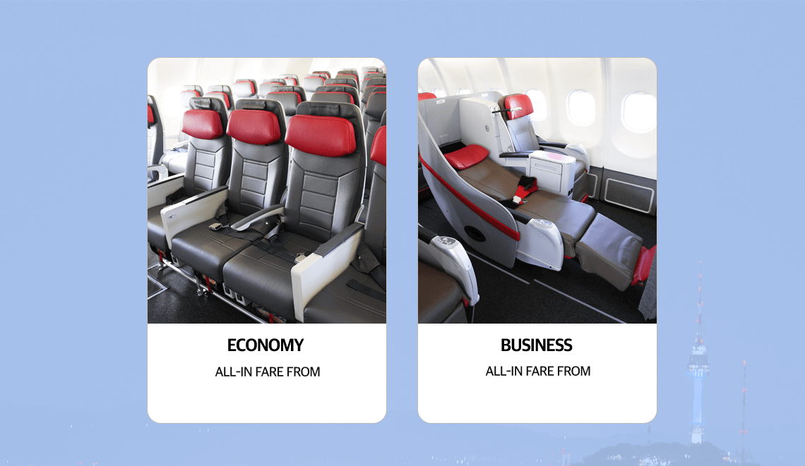 ECONOMY ALL-IN FARE FROM, BUSINESS ALL-IN FARE FROM