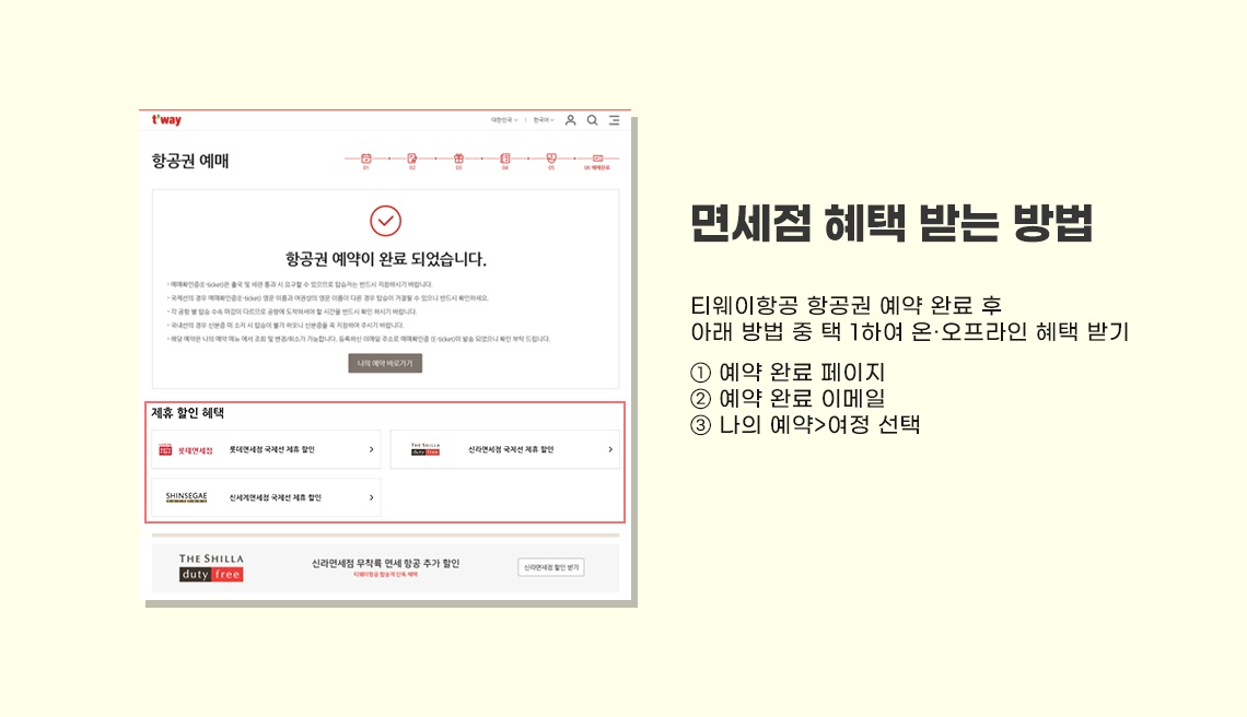 면세점 혜택 받는 방법 티웨이항공 항공권 예약 완료 후 아래 방법 중 택 1하여 온·오프라인 혜택 받기 ① 예약 완료 페이지 ② 예약 완료 이메일 ③ 나의 예약>여정 선택