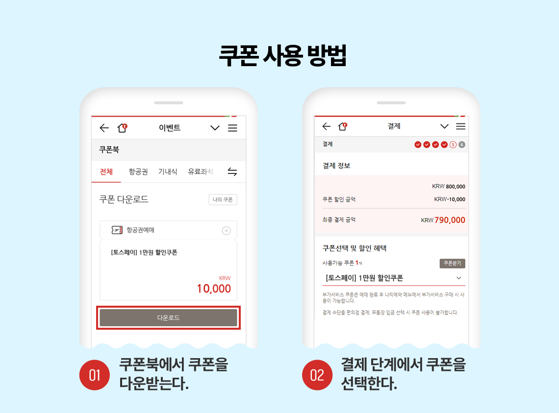 쿠폰 사용방법 - 01.쿠폰북에서 쿠폰을 다운받는다. 02.결제 단계에서 쿠폰을 선택한다. 03.간편결제-토스페이를 선택한 후 결제한다.
