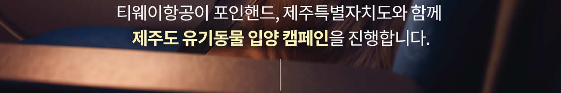 티웨이항공이 포인핸드, 제주특별자치도와 함께 제주도 유기동물 입양캠페인을 진행합니다.