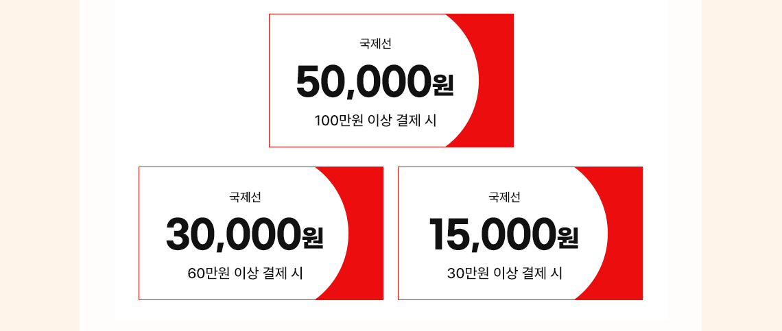 국제선 쿠폰 3개 이미지 / 100만원 이상 결제시 50,000원, 30만원 이상 결제시 15,000원, 60만원 이상 결제시 30,000원