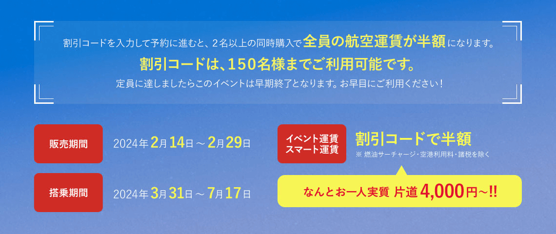 割引コードを入力して予約に進むと、2名以上の同時購入で全員の航空運賃が半額になります。割引コードは、150名様までご利用可能です。定員に達しましたらこのイベントは早期終了となります。お早目にご利用ください！販売期間 2024年2月14日 ～ 2月29日 イベント運賃スマート運賃 割引コードで半額※ 燃油サーチャージ・空港利用料・諸税を除く なんとお一人実質 片道4,000円～!! 搭乗期間 2024年3月31日 ～ 7月17日