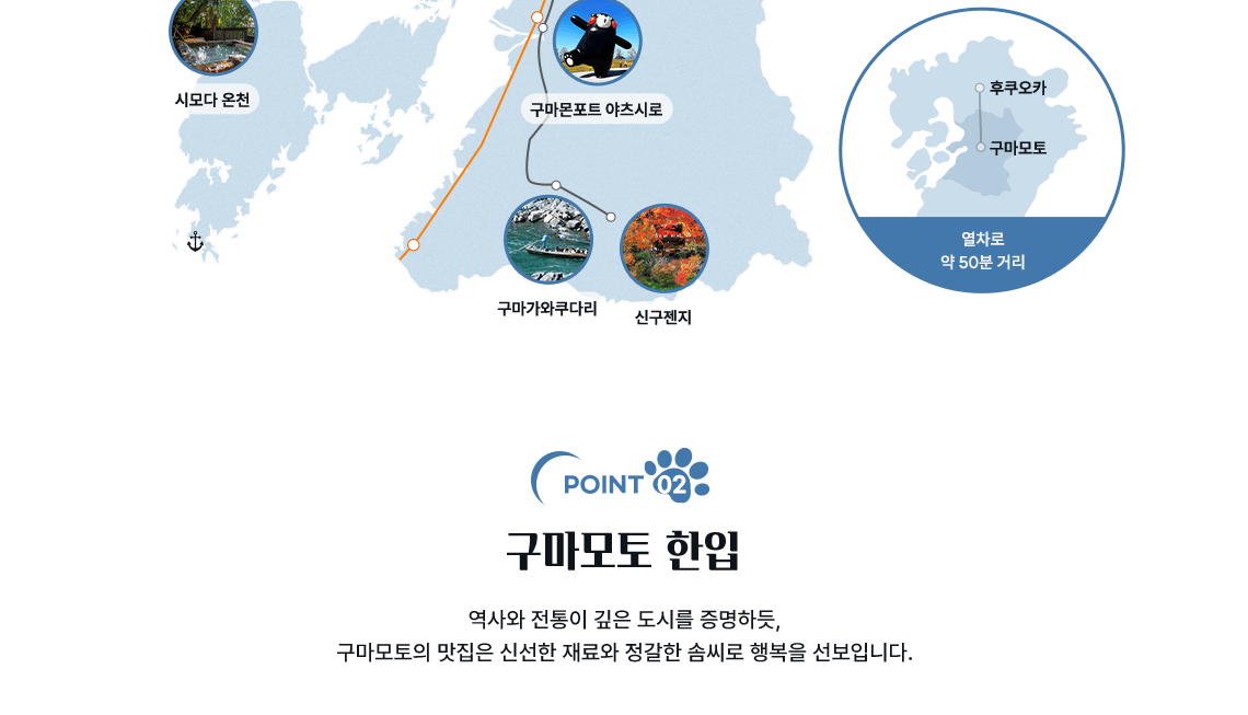 (신칸센, jr선로 이미지)(후쿠오카 구마모토 열차로 약 50분 거리) 구마모토 한입 역사와 전통이 깊은 도시를 증명하듯, 구마모토의 맛집은 신선한 재료와 정갈한 솜씨로 행복을 선보입니다.