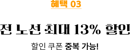 혜택 03 전 노선 최대 13% 즉시 할인 할인 쿠폰 중복 가능!
